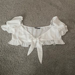 SHEIN white cropped blouse with puff sleeves and ties in front